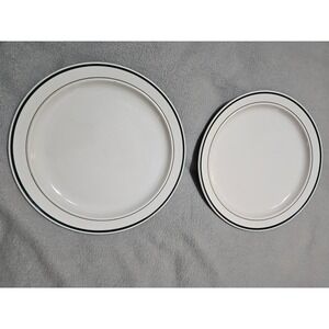 Vintage Stoneware Dinner Salad Plate Set Off White Hunter Green Rim 2 Piece